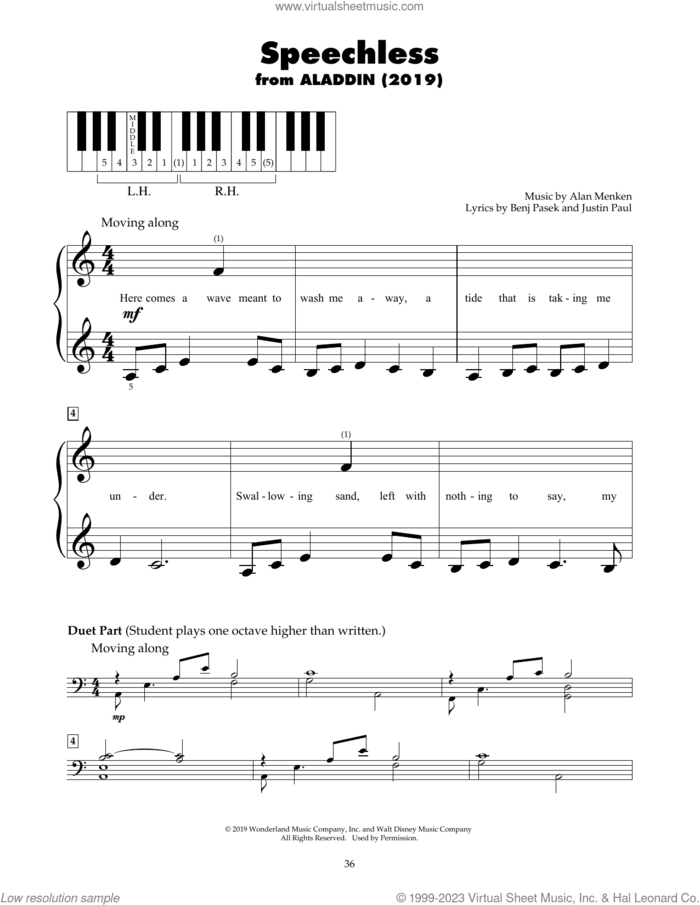 Speechless (from Disney's Aladdin) sheet music for piano solo (5-fingers) by Naomi Scott, Alan Menken, Benj Pasek and Justin Paul, beginner piano (5-fingers)