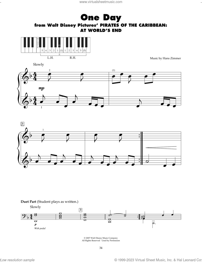 One Day (from Pirates Of The Caribbean: At World's End) sheet music for piano solo (5-fingers) by Hans Zimmer, beginner piano (5-fingers)