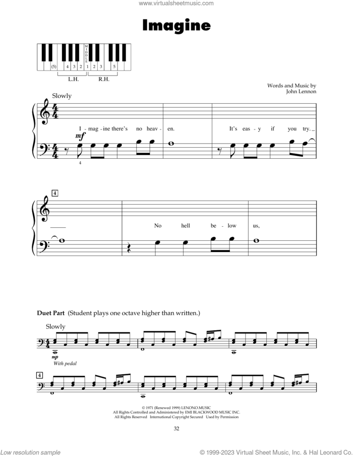 Imagine sheet music for piano solo (5-fingers) by John Lennon, beginner piano (5-fingers)