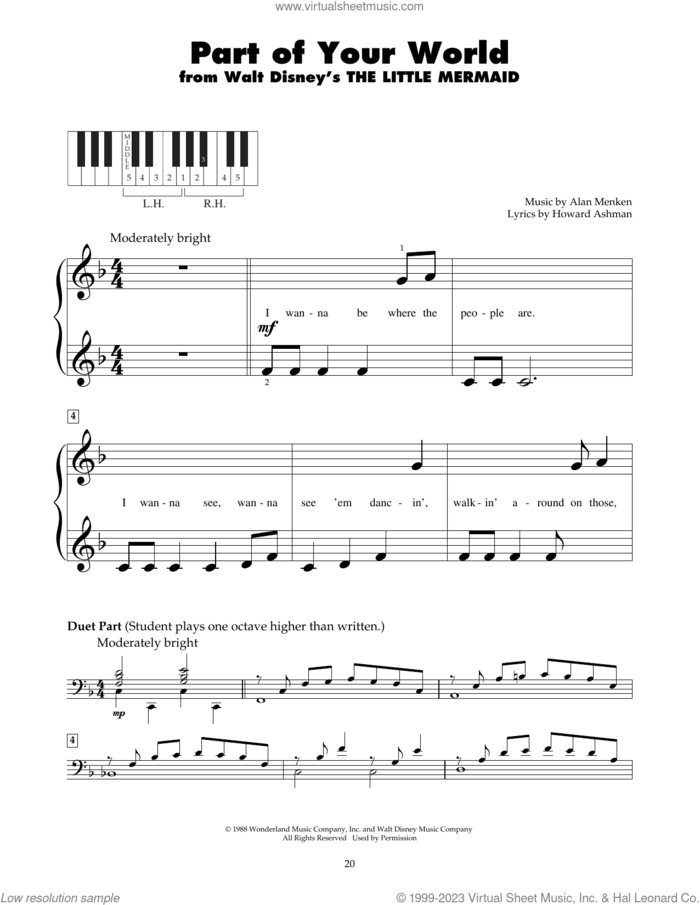 Part Of Your World (from The Little Mermaid) sheet music for piano solo (5-fingers) by Alan Menken & Howard Ashman, Alan Menken and Howard Ashman, beginner piano (5-fingers)