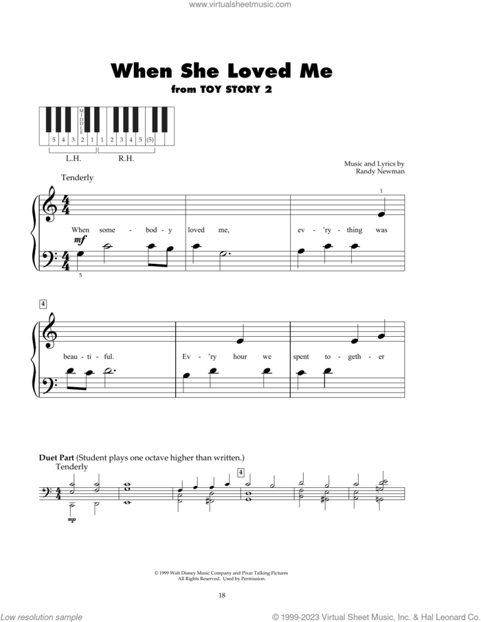 When She Loved Me (from Toy Story 2) sheet music for piano solo (5-fingers) by Sarah McLachlan and Randy Newman, beginner piano (5-fingers)
