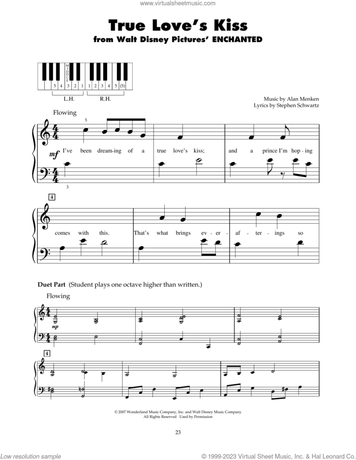 True Love's Kiss (from Enchanted) sheet music for piano solo (5-fingers) by Amy Adams, Alan Menken and Stephen Schwartz, beginner piano (5-fingers)