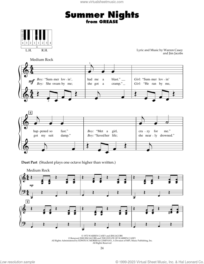Summer Nights (from Grease) sheet music for piano solo (5-fingers) by Olivia Newton-John, Jim Jacobs and Warren Casey, beginner piano (5-fingers)