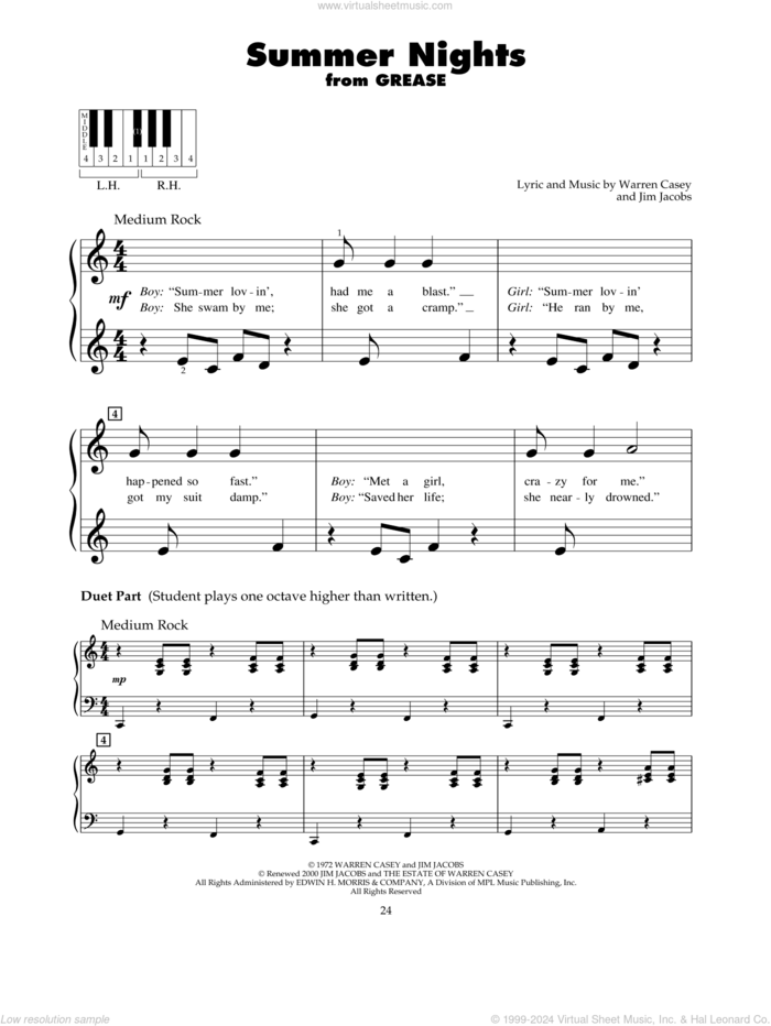 Summer Nights (from Grease) sheet music for piano solo (5-fingers) by Olivia Newton-John, Jim Jacobs and Warren Casey, beginner piano (5-fingers)