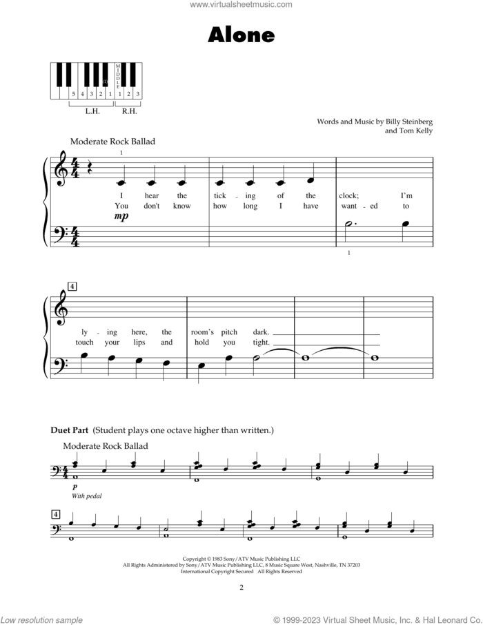 Alone sheet music for piano solo (5-fingers) by Glee Cast, Celine Dion, Heart, Billy Steinberg and Tom Kelly, beginner piano (5-fingers)