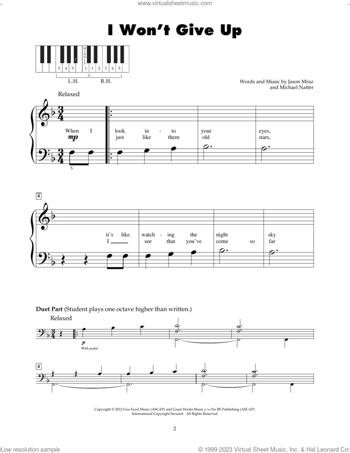 I Won't Give Up sheet music for piano solo (5-fingers) by Jason Mraz and Michael Natter, beginner piano (5-fingers)