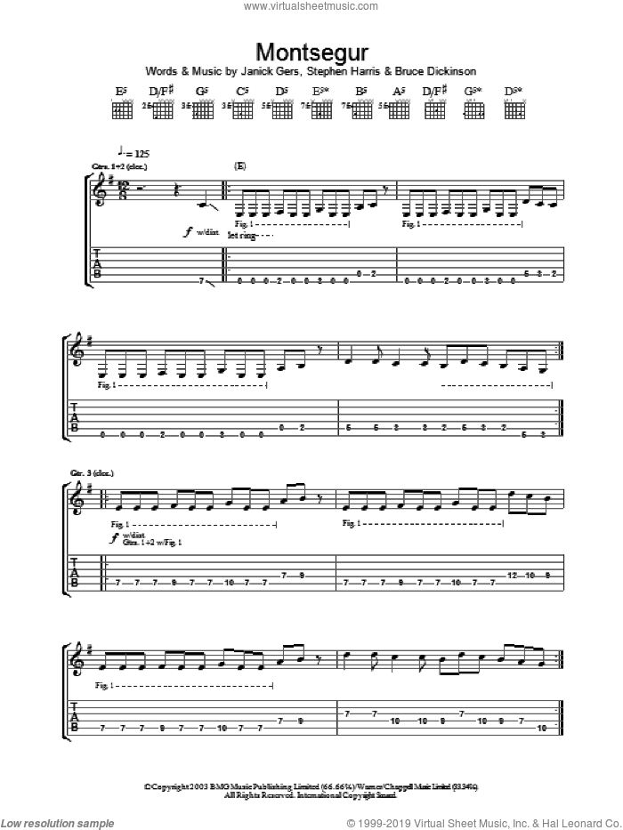 Montsegur sheet music for guitar (tablature) by Iron Maiden, intermediate skill level