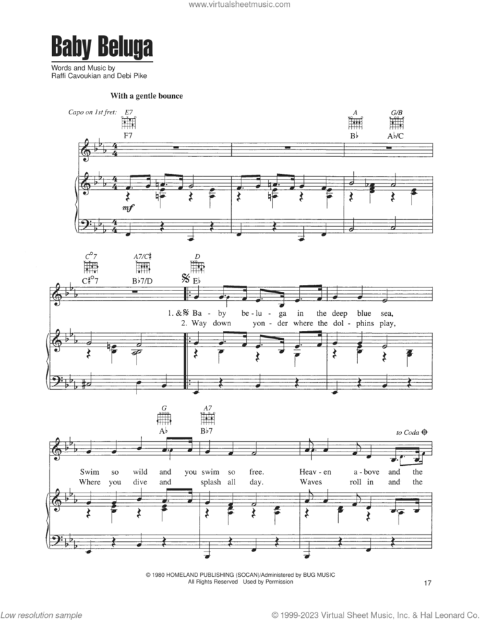 Baby Beluga sheet music for voice, piano or guitar by Raffi Cavoukian and Debi Pike, intermediate skill level