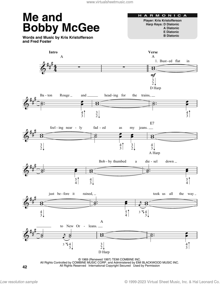 Me And Bobby McGee sheet music for harmonica solo by Janis Joplin, Fred Foster and Kris Kristofferson, intermediate skill level