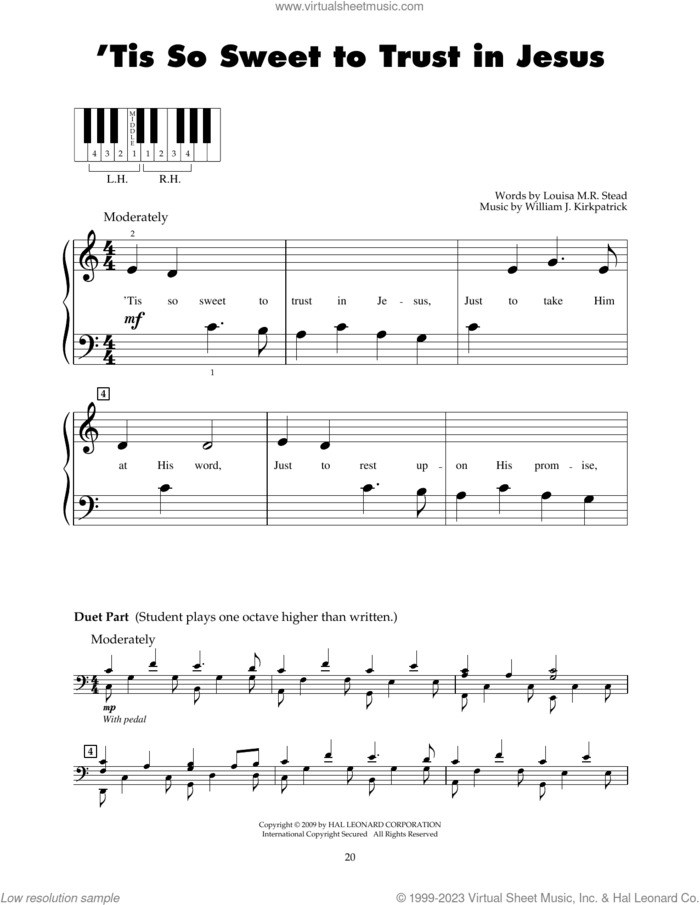 'Tis So Sweet To Trust In Jesus sheet music for piano solo (5-fingers) by William J. Kirkpatrick and Louisa M.R. Stead, beginner piano (5-fingers)