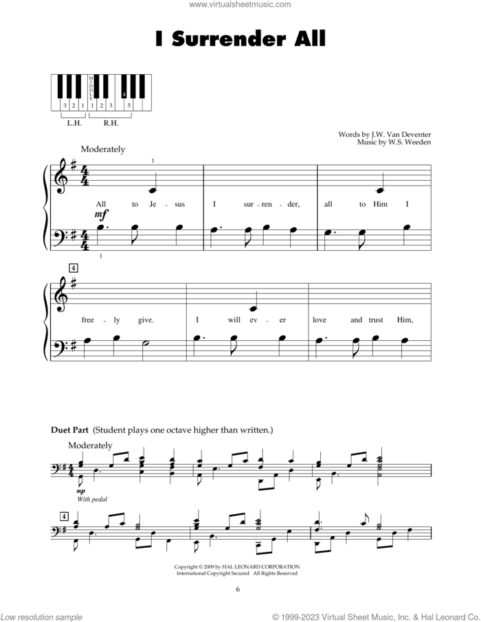 I Surrender All sheet music for piano solo (5-fingers) by Judson W. Van De Venter and Winfield S. Weeden, beginner piano (5-fingers)