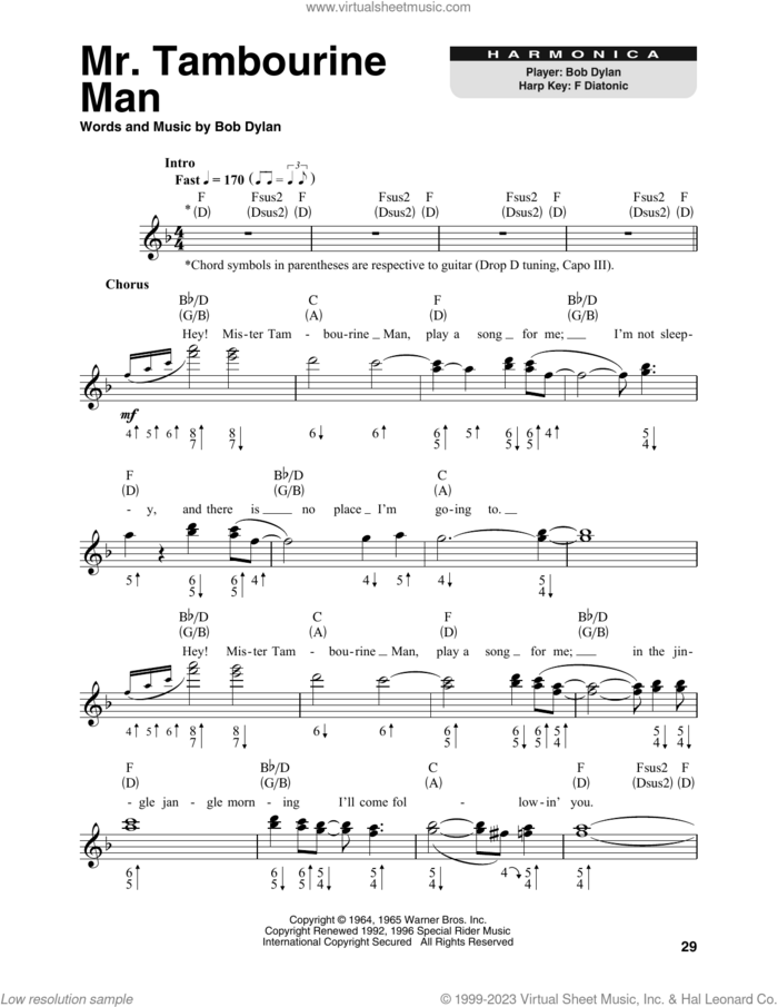 Mr. Tambourine Man sheet music for harmonica solo by Bob Dylan, intermediate skill level