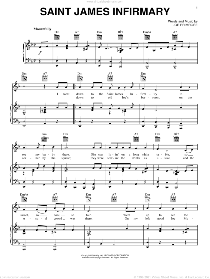 Saint James Infirmary sheet music for voice, piano or guitar by Joe Primrose, intermediate skill level