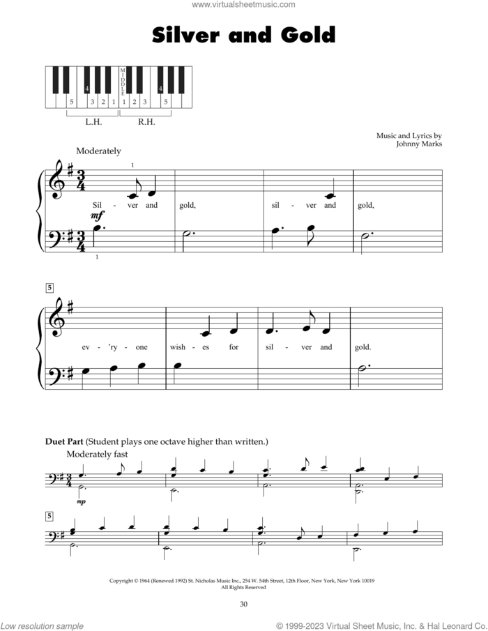 Silver And Gold sheet music for piano solo (5-fingers) by Johnny Marks, beginner piano (5-fingers)