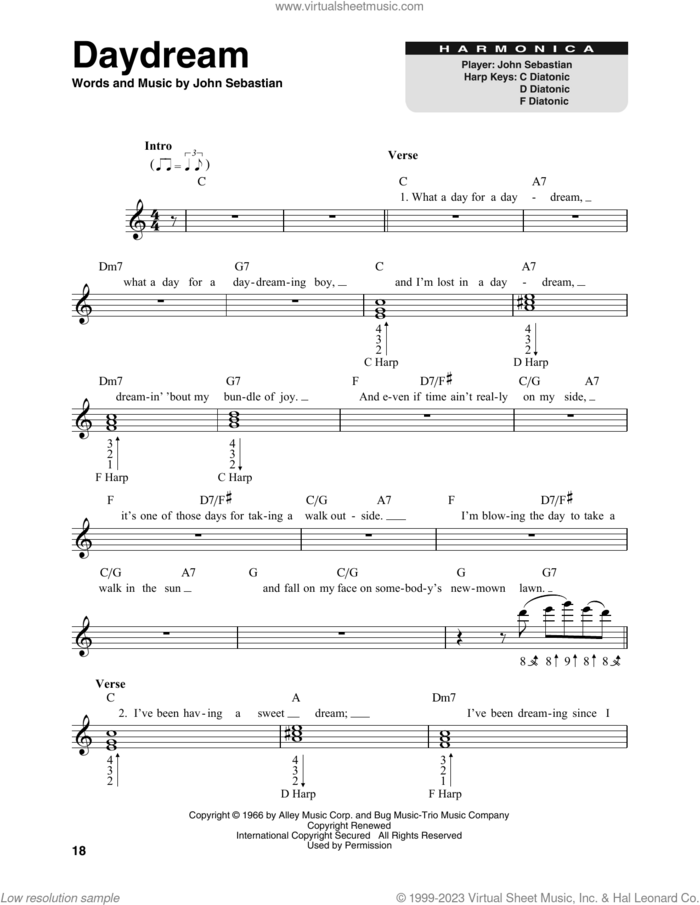 Daydream sheet music for harmonica solo by Lovin' Spoonful and John Sebastian, intermediate skill level