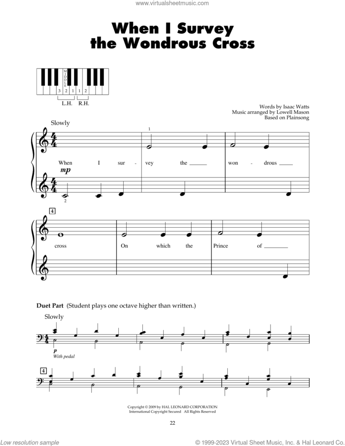 When I Survey The Wondrous Cross sheet music for piano solo (5-fingers) by Isaac Watts, Lowell Mason and Miscellaneous, beginner piano (5-fingers)