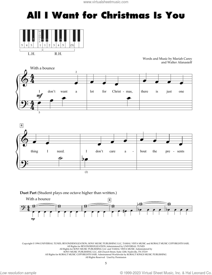 All I Want For Christmas Is You sheet music for piano solo (5-fingers) by Mariah Carey and Walter Afanasieff, beginner piano (5-fingers)
