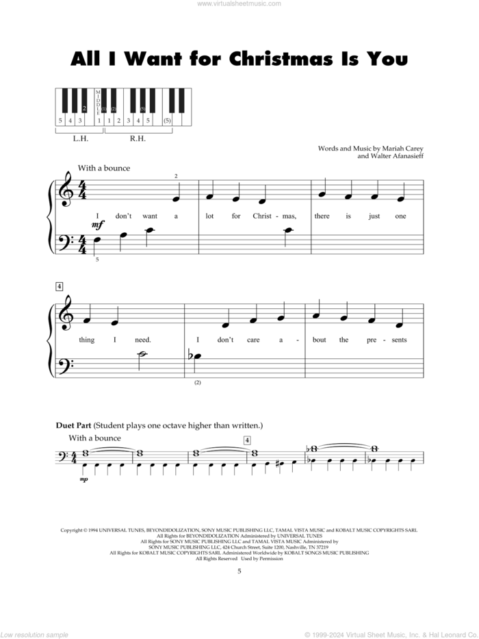 All I Want For Christmas Is You sheet music for piano solo (5-fingers) by Mariah Carey and Walter Afanasieff, beginner piano (5-fingers)