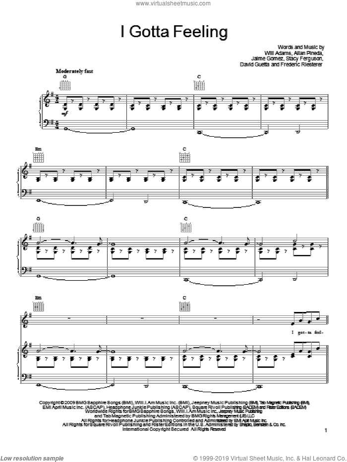 I Gotta Feeling sheet music for voice, piano or guitar by Black Eyed Peas, Allan Pineda, David Guetta, Frederic Riesterer, Jaime Gomez, Stacy Ferguson and Will Adams, intermediate skill level