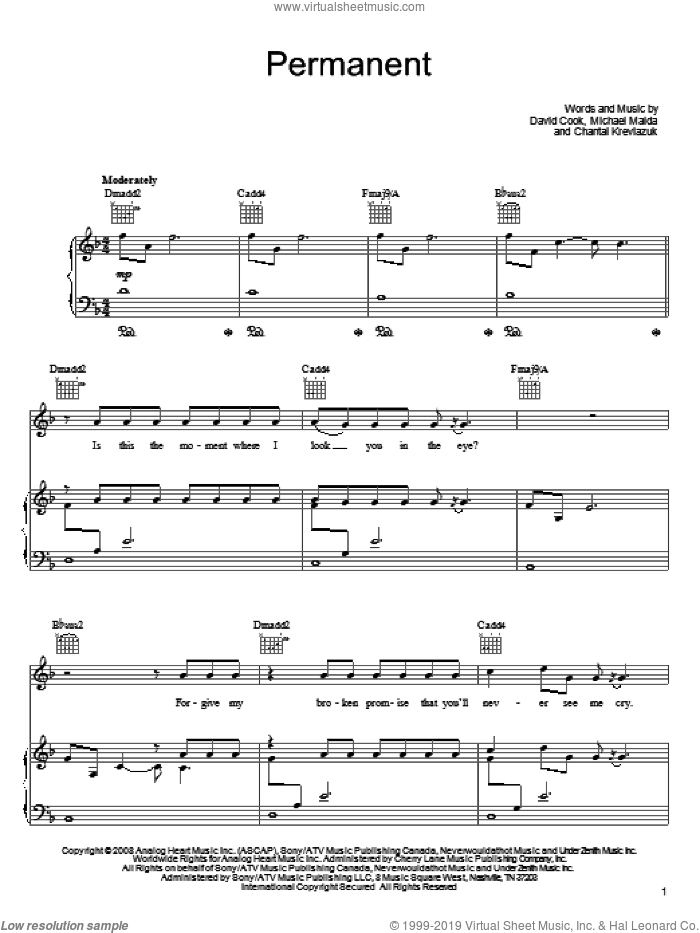 Permanent sheet music for voice, piano or guitar by David Cook, American Idol, Chantal Kreviazuk and Michael Maida, intermediate skill level