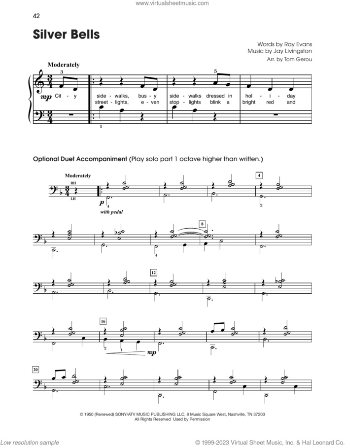 Silver Bells (arr. Tom Gerou) sheet music for piano solo (5-fingers) by Jay Livingston and Ray Evans, beginner piano (5-fingers)