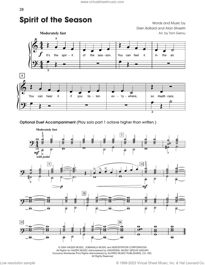 Spirit Of The Season (from The Polar Express) (arr. Tom Gerou) sheet music for piano solo (5-fingers) by Glen Ballard and Alan Silvestri, beginner piano (5-fingers)