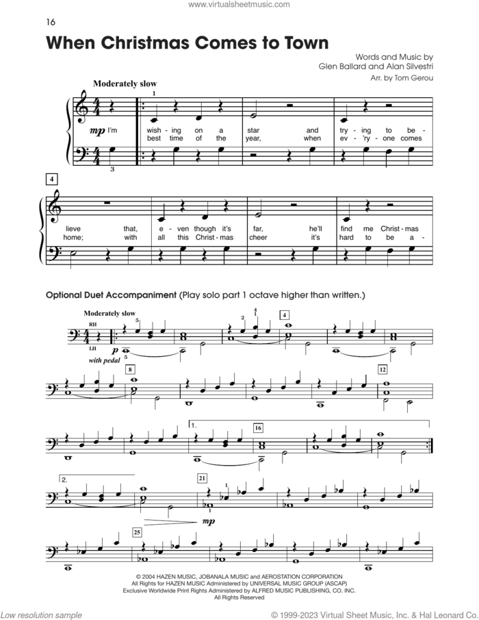 When Christmas Comes To Town (from The Polar Express) (arr. Tom Gerou) sheet music for piano solo (5-fingers) by Glen Ballard and Alan Silvestri, beginner piano (5-fingers)