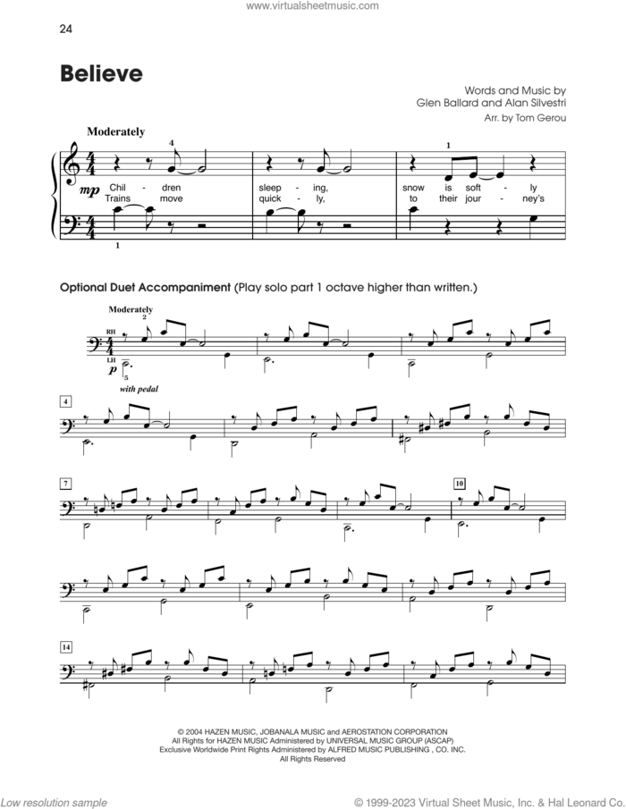 Believe (from The Polar Express) (arr. Tom Gerou) sheet music for piano solo (5-fingers) by Josh Groban, Alan Silvestri and Glen Ballard, beginner piano (5-fingers)
