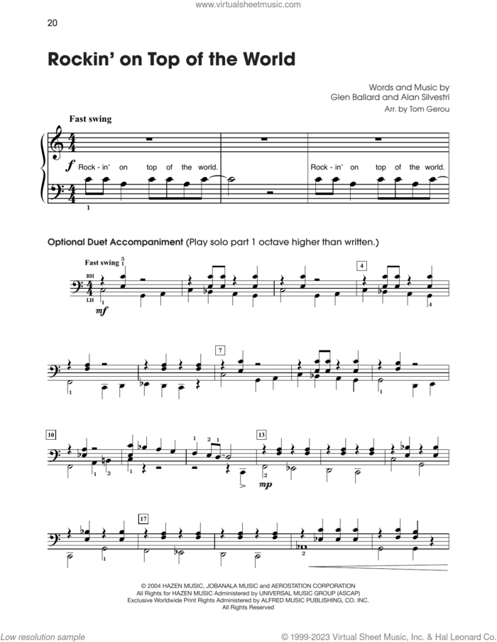 Rockin' On Top Of The World (from The Polar Express) (arr. Tom Gerou) sheet music for piano solo (5-fingers) by Steven Tyler, Alan Silvestri and Glen Ballard, beginner piano (5-fingers)