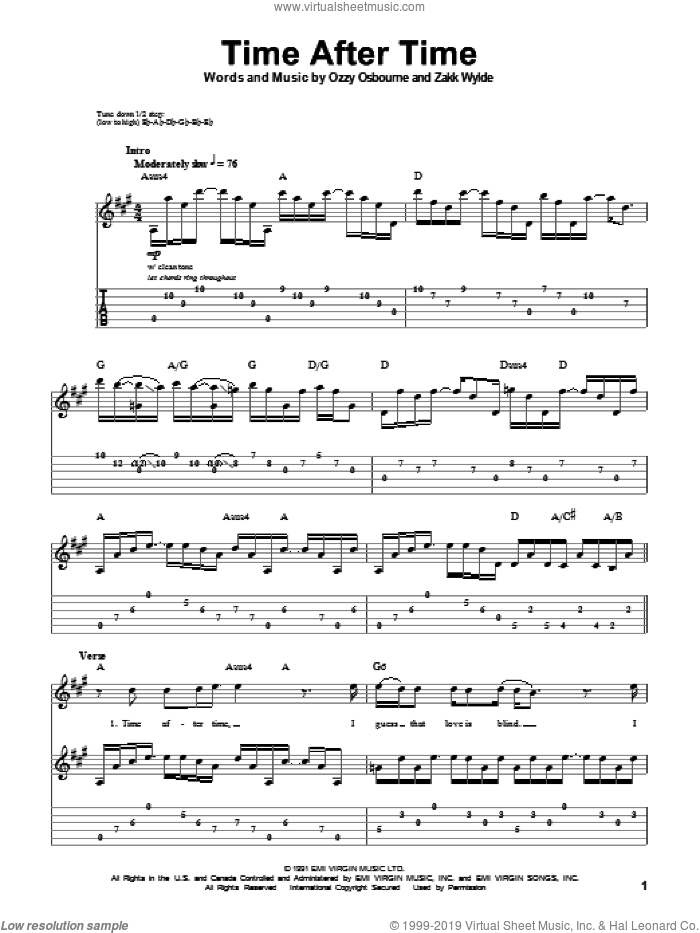 Time After Time sheet music for guitar (tablature, play-along) by Ozzy Osbourne and Zakk Wylde, intermediate skill level