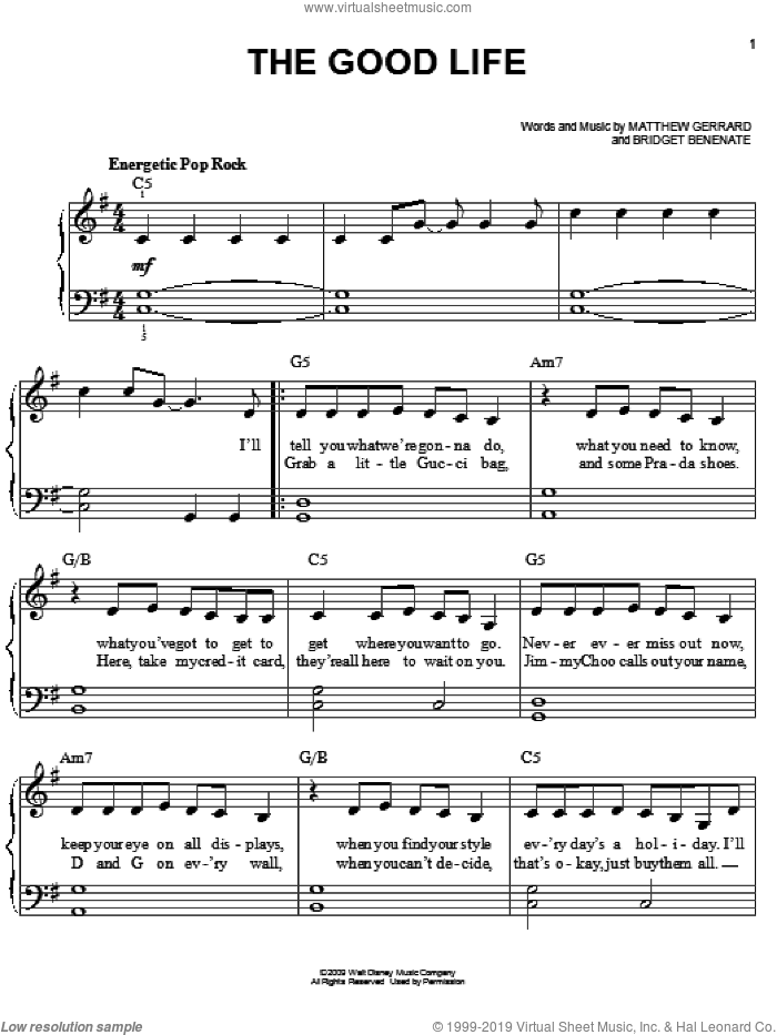 The Good Life sheet music for piano solo by Hannah Montana, Hannah Montana (Movie), Miley Cyrus, Bridget Benenate and Matthew Gerrard, easy skill level