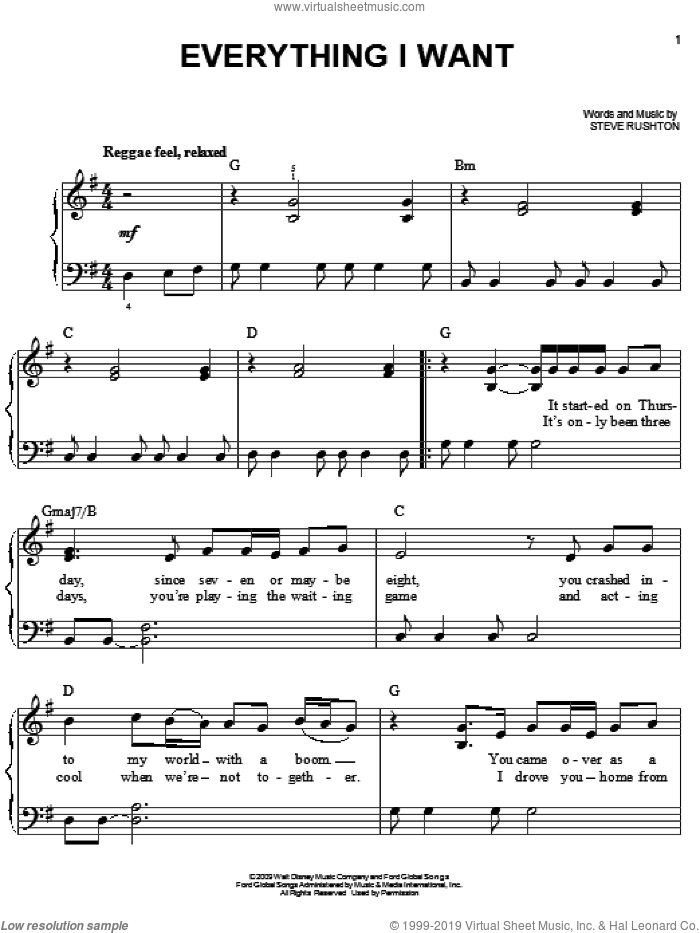 Everything I Want (from Hannah Montana: The Movie) sheet music for piano solo by Steve Rushton and Hannah Montana (Movie), easy skill level