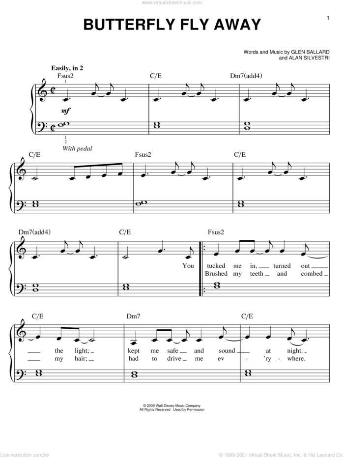 Butterfly Fly Away sheet music for piano solo by Miley Cyrus, Hannah Montana, Hannah Montana (Movie), Alan Silvestri and Glen Ballard, easy skill level