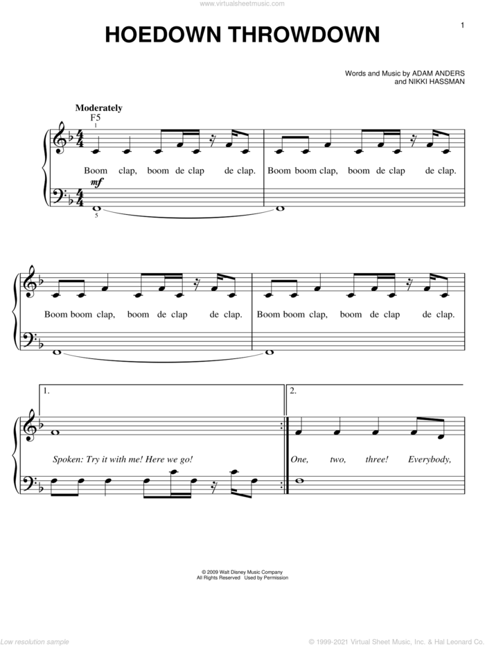 Hoedown Throwdown sheet music for piano solo by Miley Cyrus, Hannah Montana, Hannah Montana (Movie), Adam Anders and Nikki Hassman, easy skill level