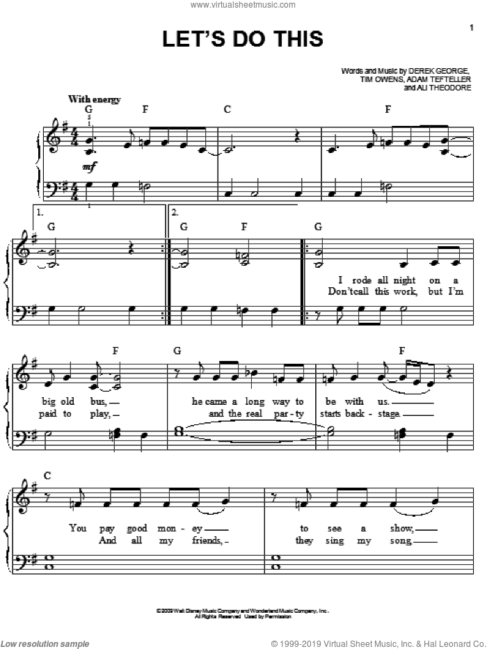 Let's Do This sheet music for piano solo by Hannah Montana, Hannah Montana (Movie), Miley Cyrus, Adam Tefteller, Ali Theodore, Derek George and Tim Owens, easy skill level