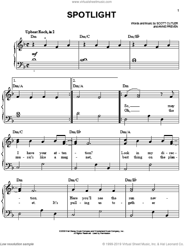 Spotlight sheet music for piano solo by Hannah Montana, Hannah Montana (Movie), Miley Cyrus, Anne Preven and Scott Cutler, easy skill level