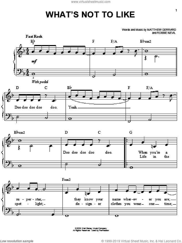 What's Not To Like sheet music for piano solo by Hannah Montana, Hannah Montana (Movie), Miley Cyrus, Matthew Gerrard and Robbie Nevil, easy skill level