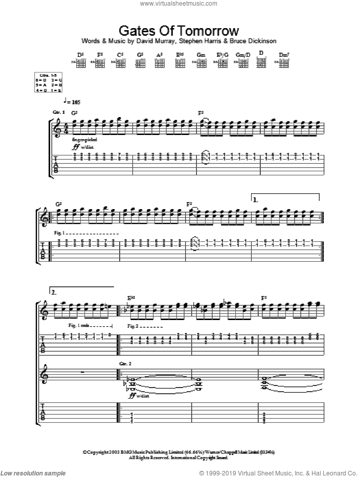 Gates Of Tomorrow sheet music for guitar (tablature) by Iron Maiden, intermediate skill level