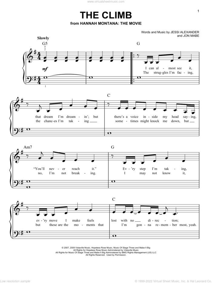The Climb (from Hannah Montana: The Movie), (easy) sheet music for piano solo by Miley Cyrus, Hannah Montana, Hannah Montana (Movie), Jessi Alexander and Jon Mabe, easy skill level
