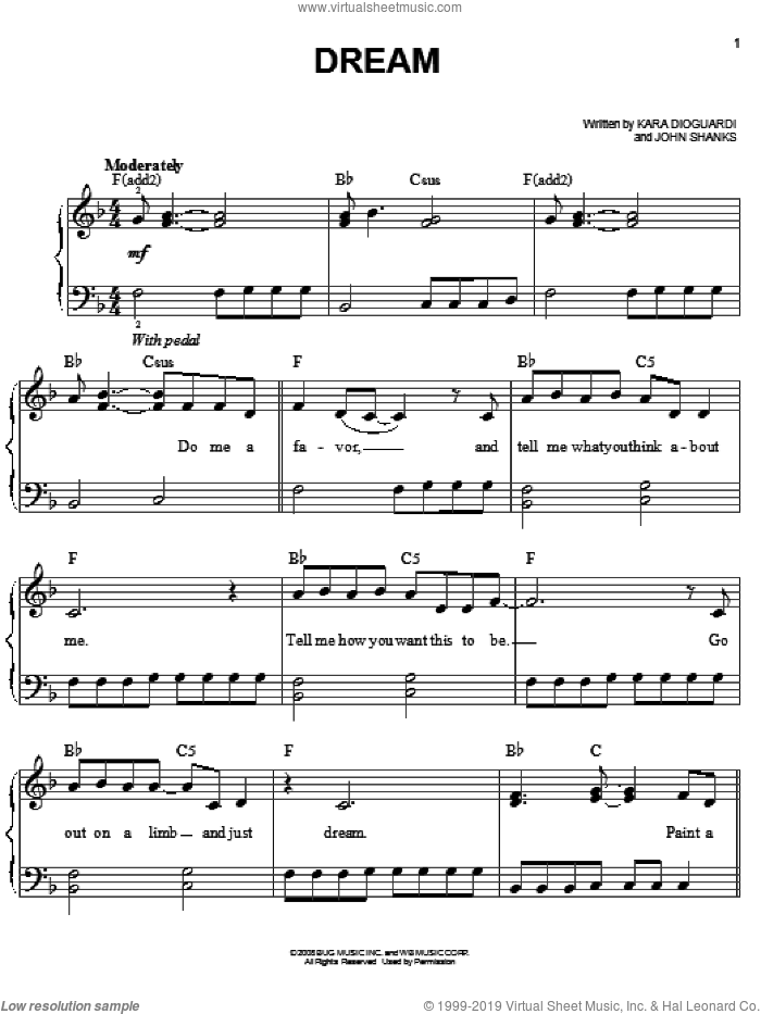 Dream sheet music for piano solo by Miley Cyrus, Hannah Montana, Hannah Montana (Movie), John Shanks and Kara DioGuardi, easy skill level