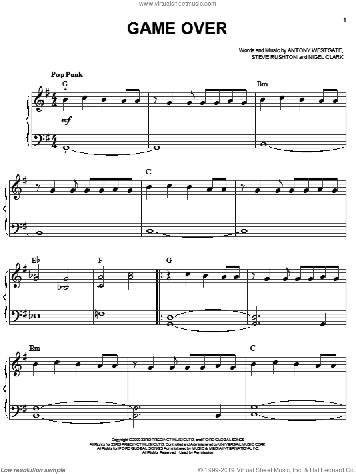 Game Over (from Hannah Montana: The Movie) sheet music for piano solo by Steve Rushton, Hannah Montana (Movie), Antony Westgate and Nigel Clark, easy skill level