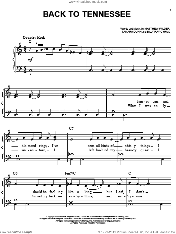 Back To Tennessee sheet music for piano solo by Billy Ray Cyrus, Hannah Montana, Hannah Montana (Movie), Matthew Wilder and Tamara Dunn, easy skill level