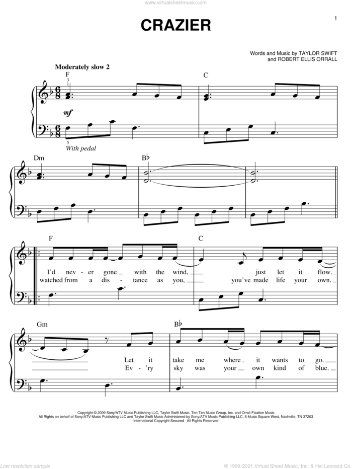 Crazier sheet music for piano solo by Taylor Swift, Hannah Montana (Movie) and Robert Ellis Orrall, easy skill level