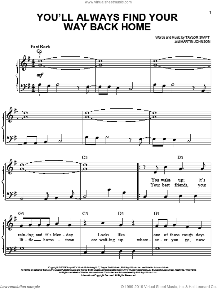 You'll Always Find Your Way Back Home sheet music for piano solo by Hannah Montana, Hannah Montana (Movie), Miley Cyrus, Martin Johnson and Taylor Swift, easy skill level