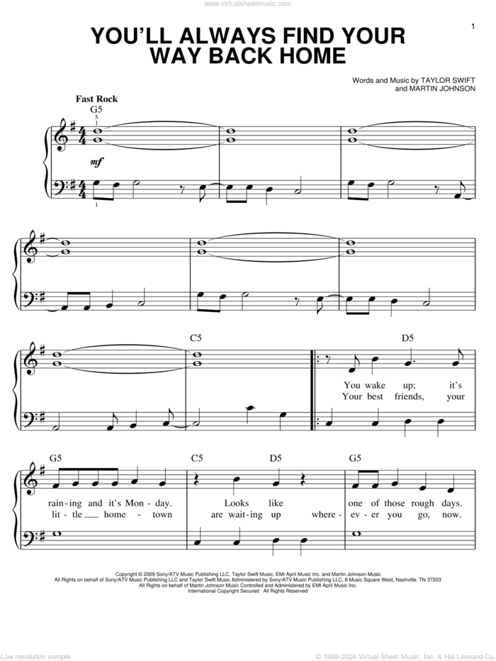 You'll Always Find Your Way Back Home sheet music for piano solo by Hannah Montana, Hannah Montana (Movie), Miley Cyrus, Martin Johnson and Taylor Swift, easy skill level