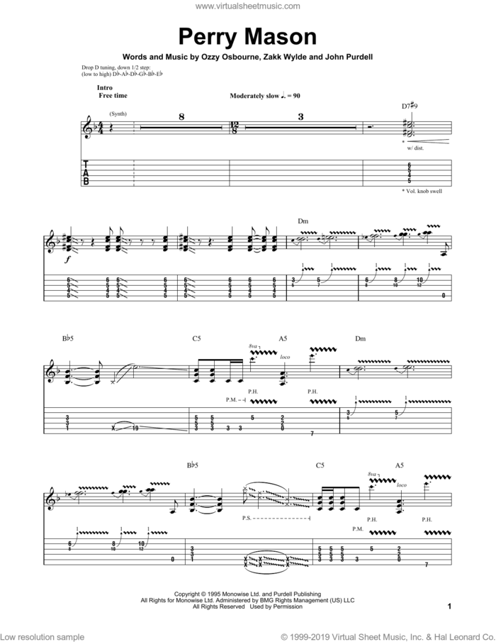 Perry Mason sheet music for guitar (tablature, play-along) by Ozzy Osbourne, John Purdell and Zakk Wylde, intermediate skill level