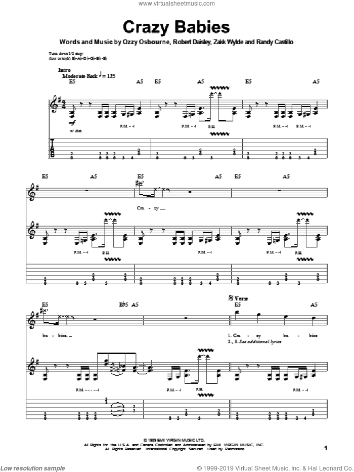Crazy Babies sheet music for guitar (tablature, play-along) by Ozzy Osbourne, Bob Daisley, J. Sinclair, Randy Castillo and Zakk Wylde, intermediate skill level