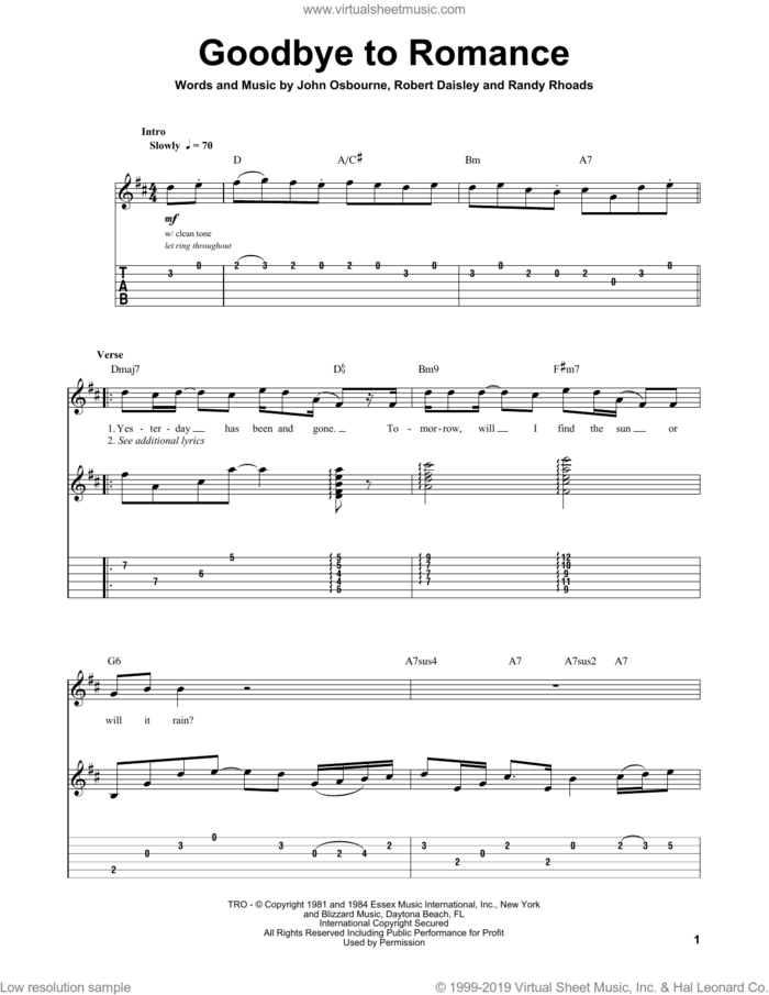 Goodbye To Romance sheet music for guitar (tablature, play-along) by Ozzy Osbourne, Bob Daisley, John Osbourne and Randy Rhoads, intermediate skill level