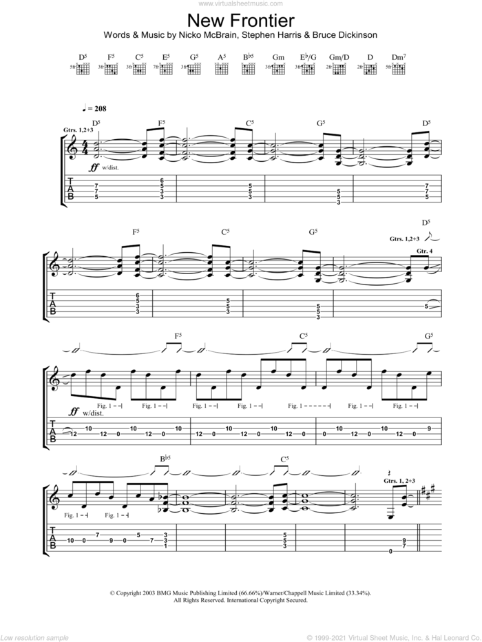 New Frontier sheet music for guitar (tablature) by Iron Maiden, intermediate skill level