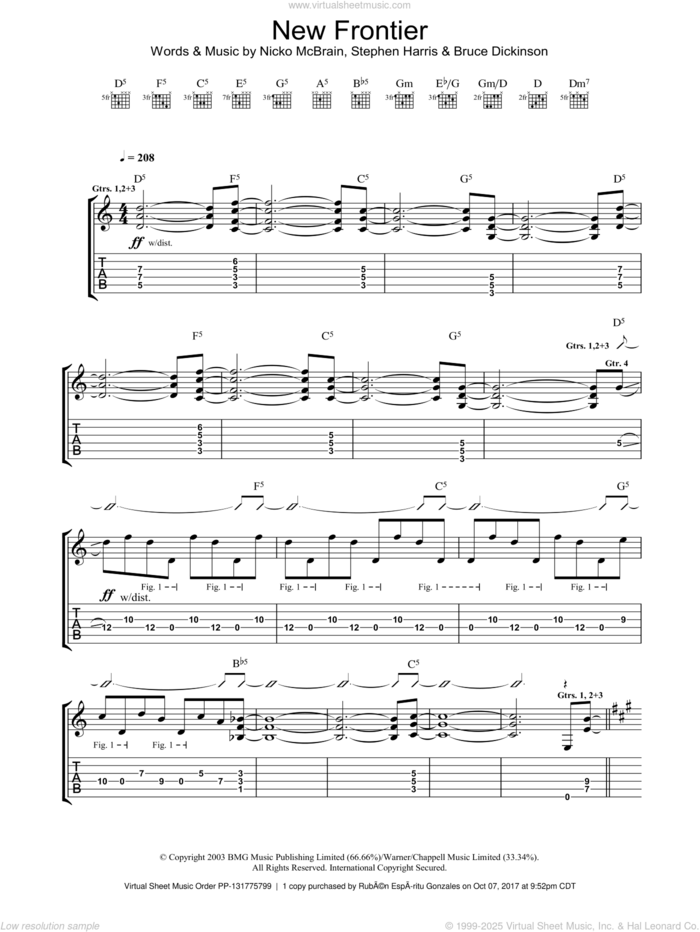 New Frontier sheet music for guitar (tablature) by Iron Maiden, intermediate skill level